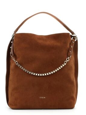 Furla Minerva Suede Hobo Bag Brown Chain Strap Shoulder Boho Luxe Italy Chic